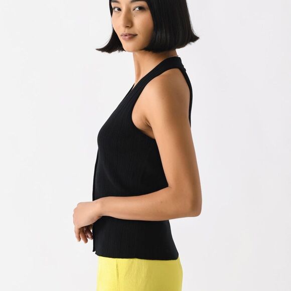 VINCE WOMEN'S ITALIAN COTTON-BLEND BUTTON V-NECK TANK TOP Size Medium | Black - Picture 2 of 10